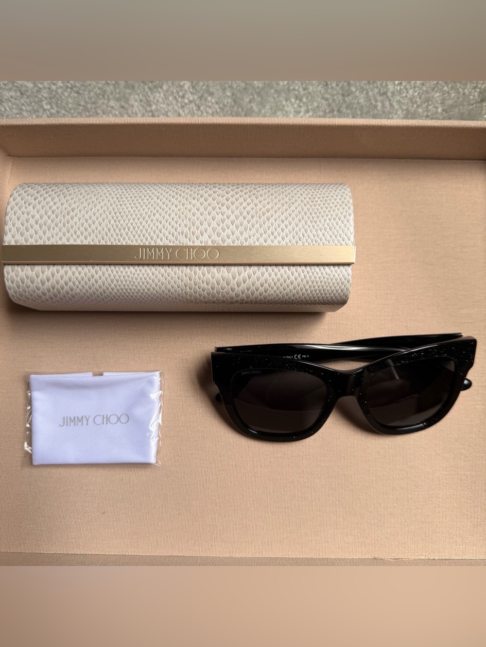 Jimmy Choo Black Cat-Eye Sunglasses with Cream Snakeskin-Texture Case